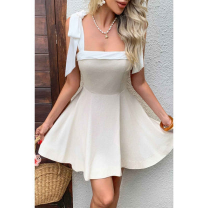 Square Neck Hide Zipper Tie Shoulder Dress