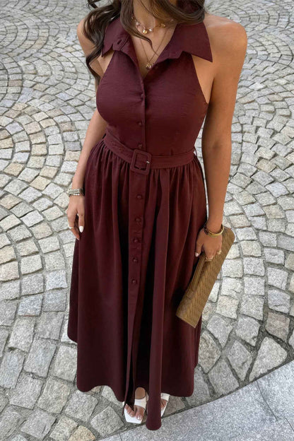 Collared Belt Sleeveless A Line Midi Dress