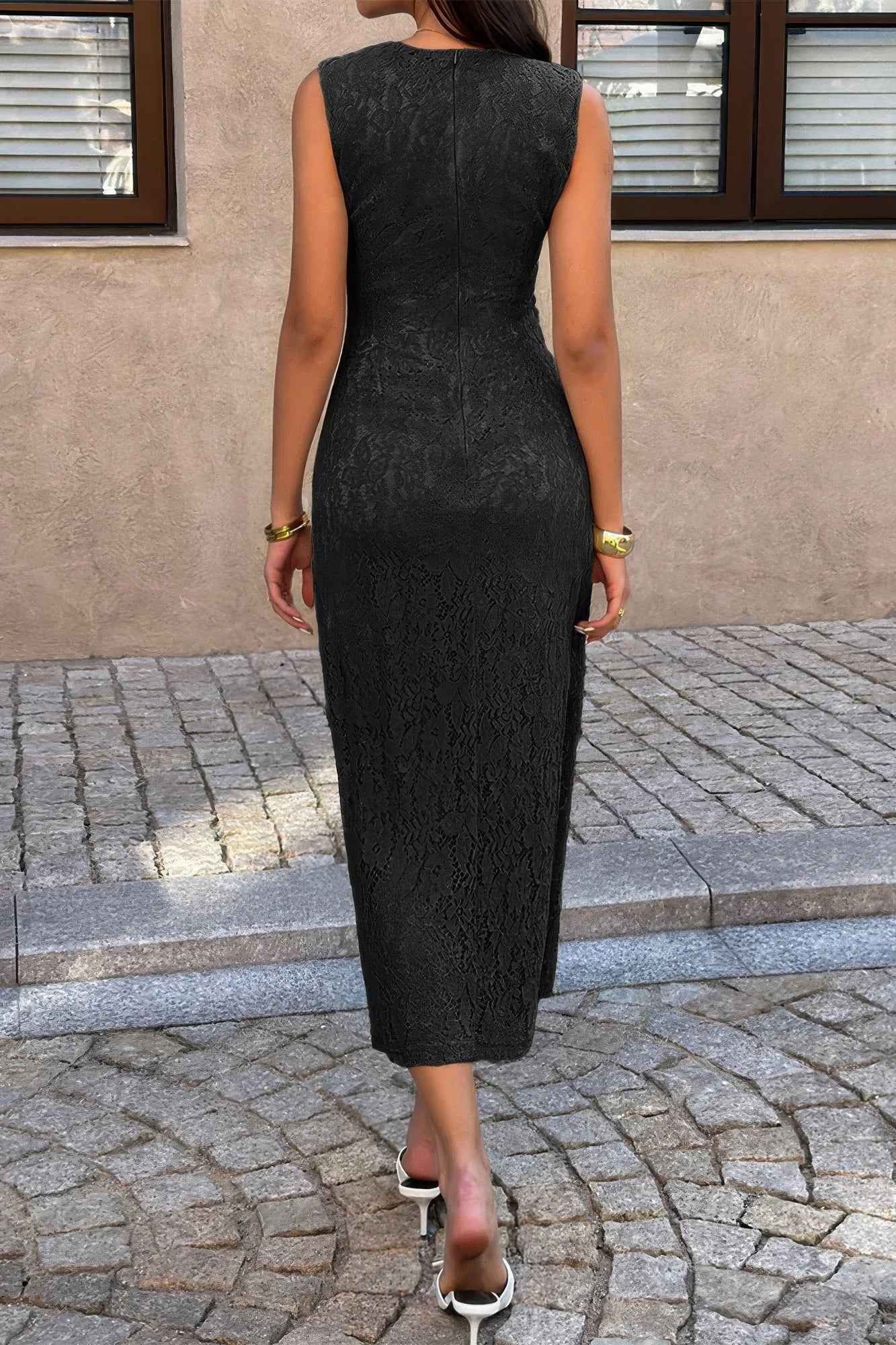 Solid Refined Cocktail Party Lace Midi Ruched Waist Dress