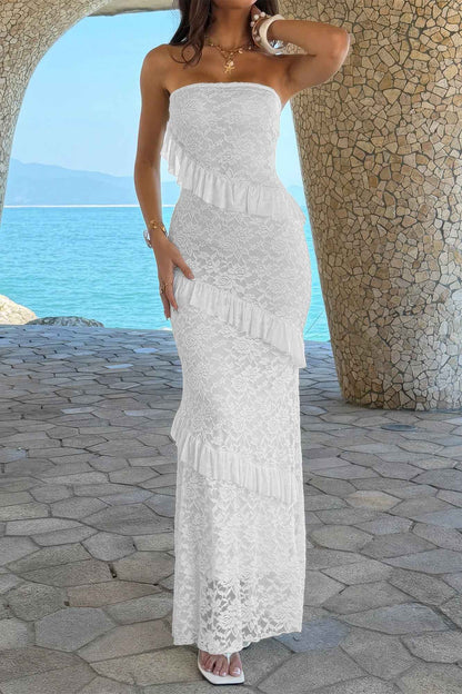 Solid Off Shoulder Bodycon Lace Maxi Dress