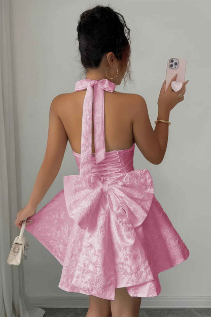 Halter V Neck Back Cross Knot Embroidery Dress
