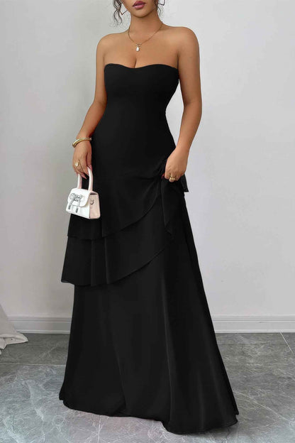 Off Shoulder Cross Back High Waist Layer Maxi Dress