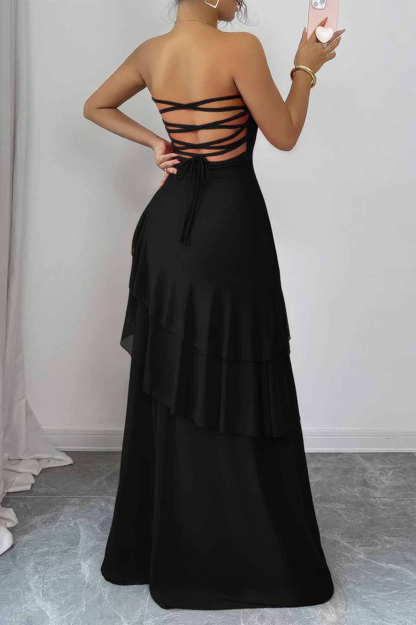 Off Shoulder Cross Back High Waist Layer Maxi Dress