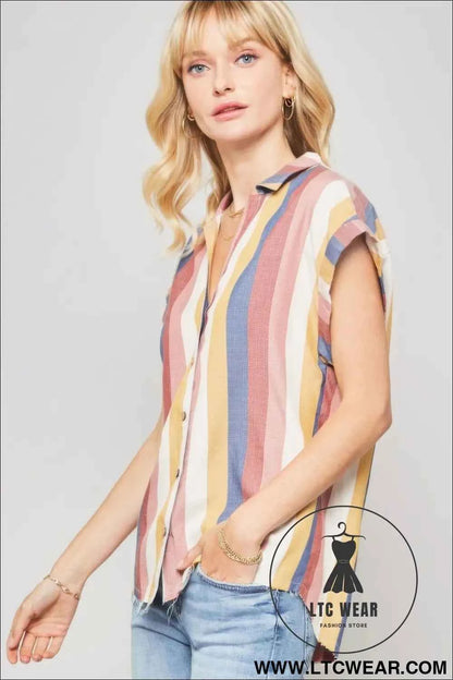A Woven Shirt In Multicolor Striped With Collared Neckline