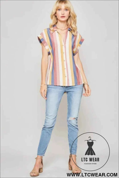 A Woven Shirt In Multicolor Striped With Collared Neckline
