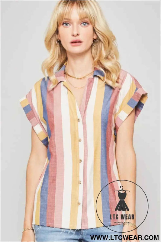 A Woven Shirt In Multicolor Striped With Collared Neckline