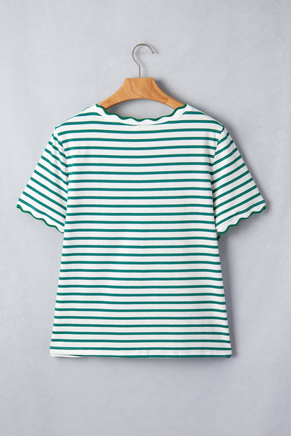 Red Stripe Scalloped Trim Round Neck T Shirt
