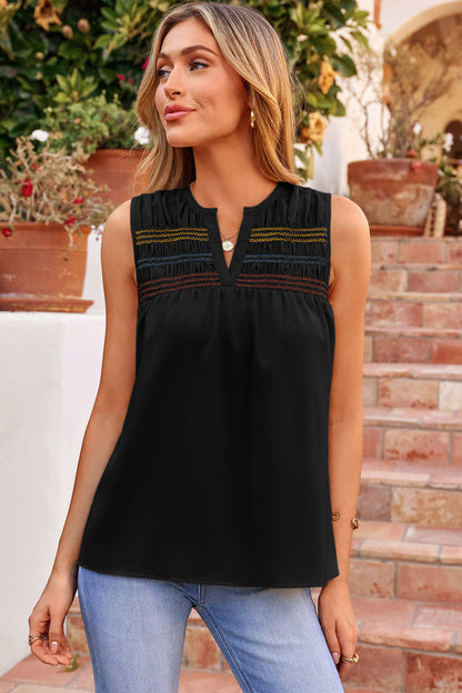 Apricot Shirred Contrast Stitch V Neck Sleeveless Shift Top