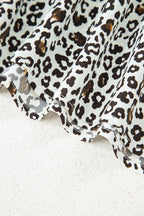 Khaki Plus Size Button V Neck Leopard Print Puff Sleeve Loose Mini Dress