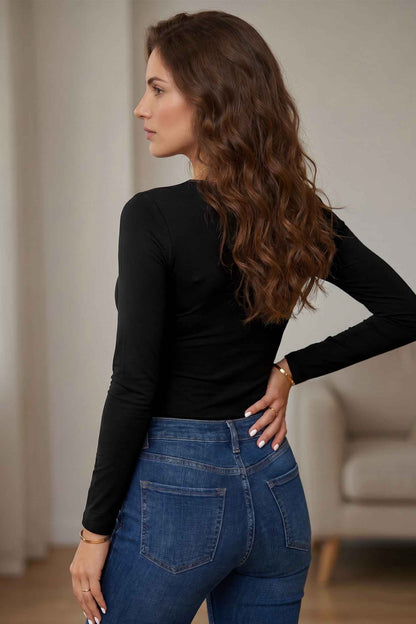 Black Lace Trim Elegant Neckline Long Sleeve Slim Top