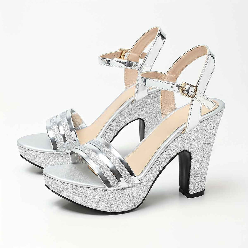 Metallic Hollow Chunky Heel Sandals for Elegant Evenings