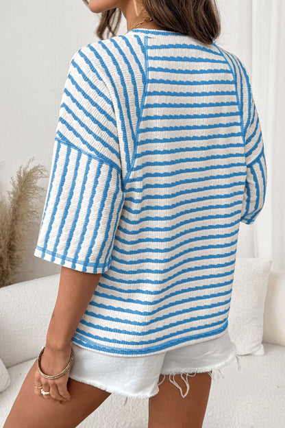 Pink Stripe Textured Knit Split Hem Half Sleeve Loose Top