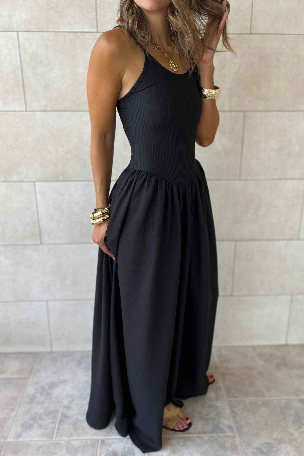 Black Spaghetti Straps Drop Waist Ribbed Patchwork Maxi Dress
