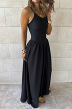 Black Spaghetti Straps Drop Waist Ribbed Patchwork Maxi Dress