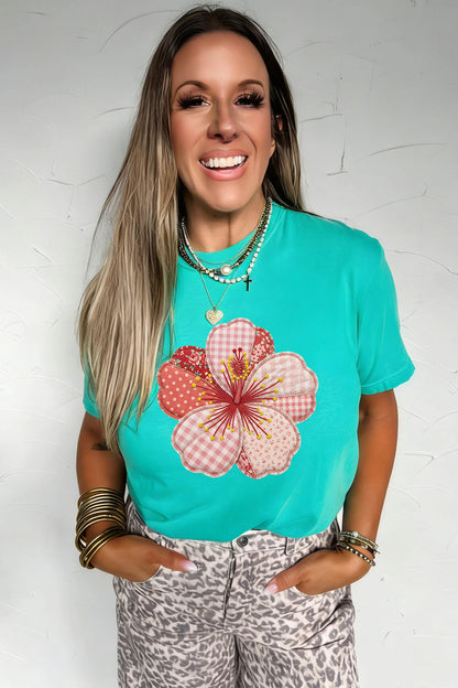 Mint Green Patchwork Floral Printed Beach Vacation Casual Tee