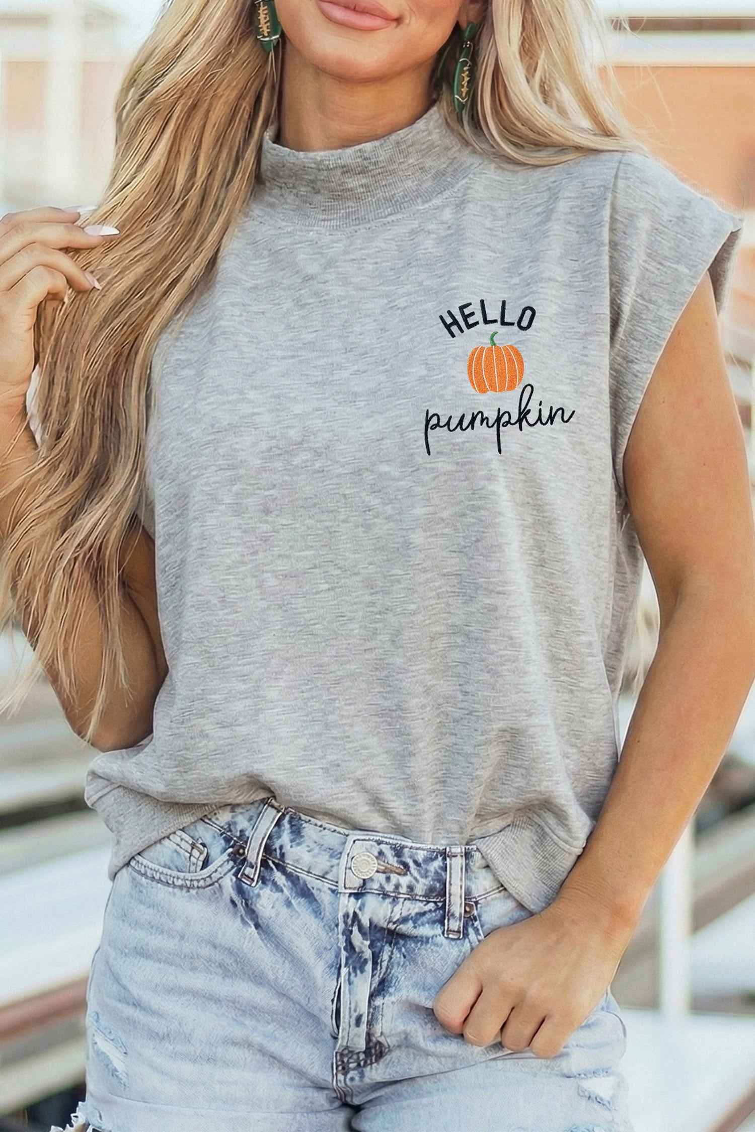 Light Grey HELLO Pumpkin Embroidered Graphic High Neck Cap Sleeve Top