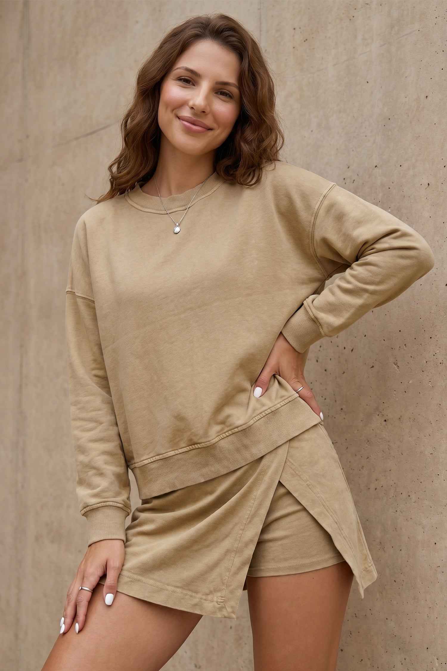 Parchment Solid Color Long Sleeve Top Split Skort 2pcs Outfit