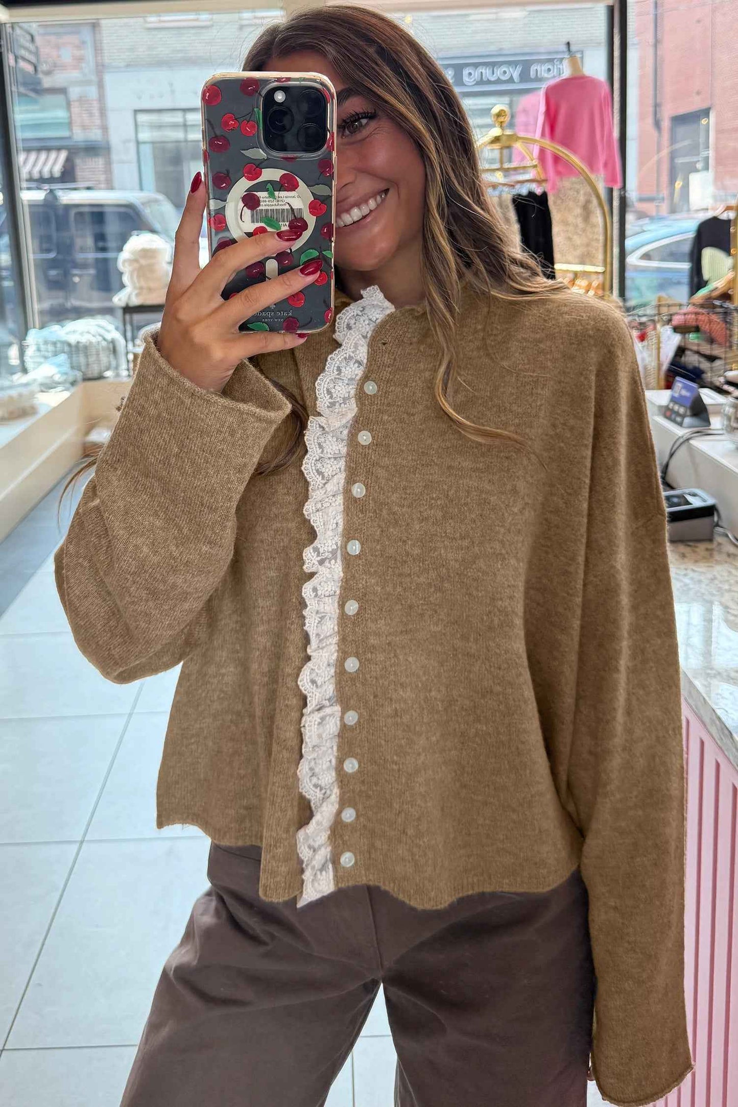 Simply Taupe Contrast Frilled Lace Trim Loose Cardigan Sweater