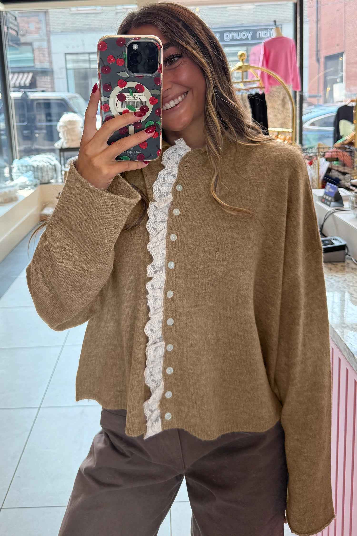 Simply Taupe Contrast Frilled Lace Trim Loose Cardigan Sweater