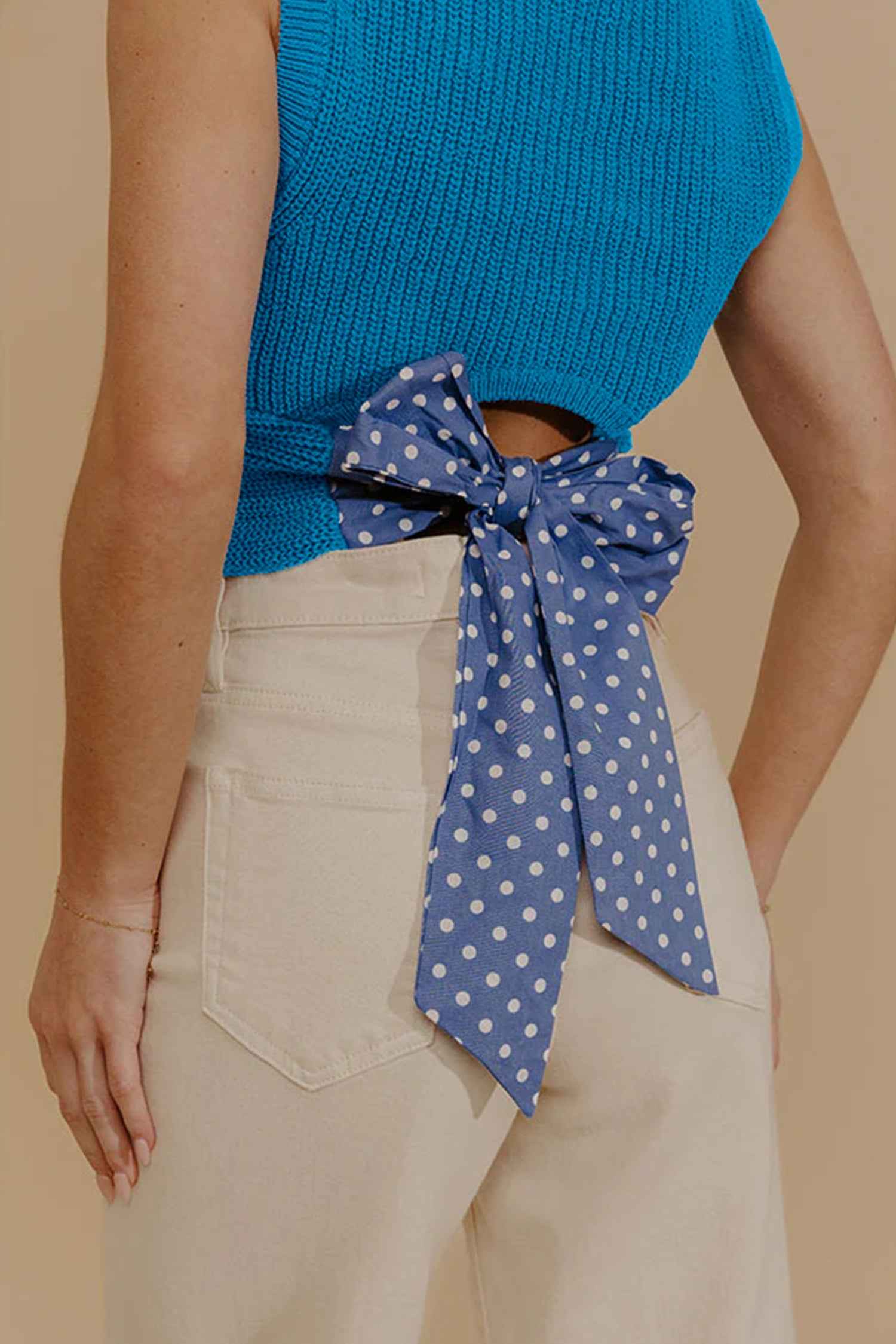 Myosotis Slim Knit Polka Dot Knot Back Cropped Sweater Tank