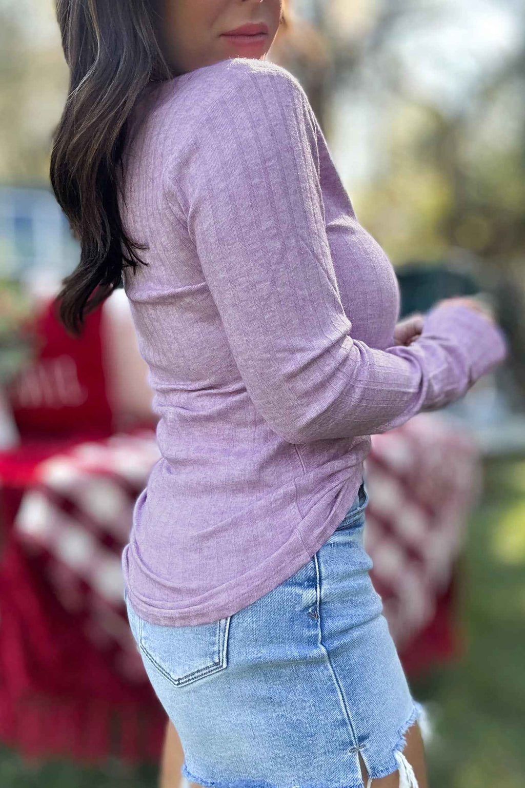Lavendula Long Sleeve Ribbed Top Round Neck Fitted Waist Casual T-Shirt
