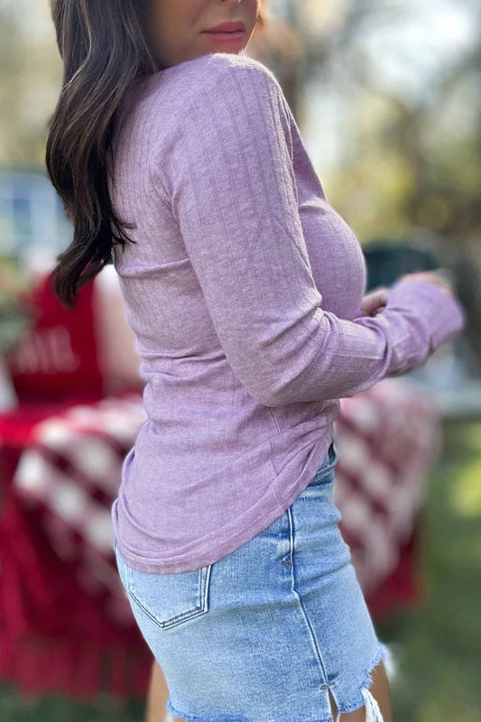 Lavendula Long Sleeve Ribbed Top Round Neck Fitted Waist Casual T-Shirt
