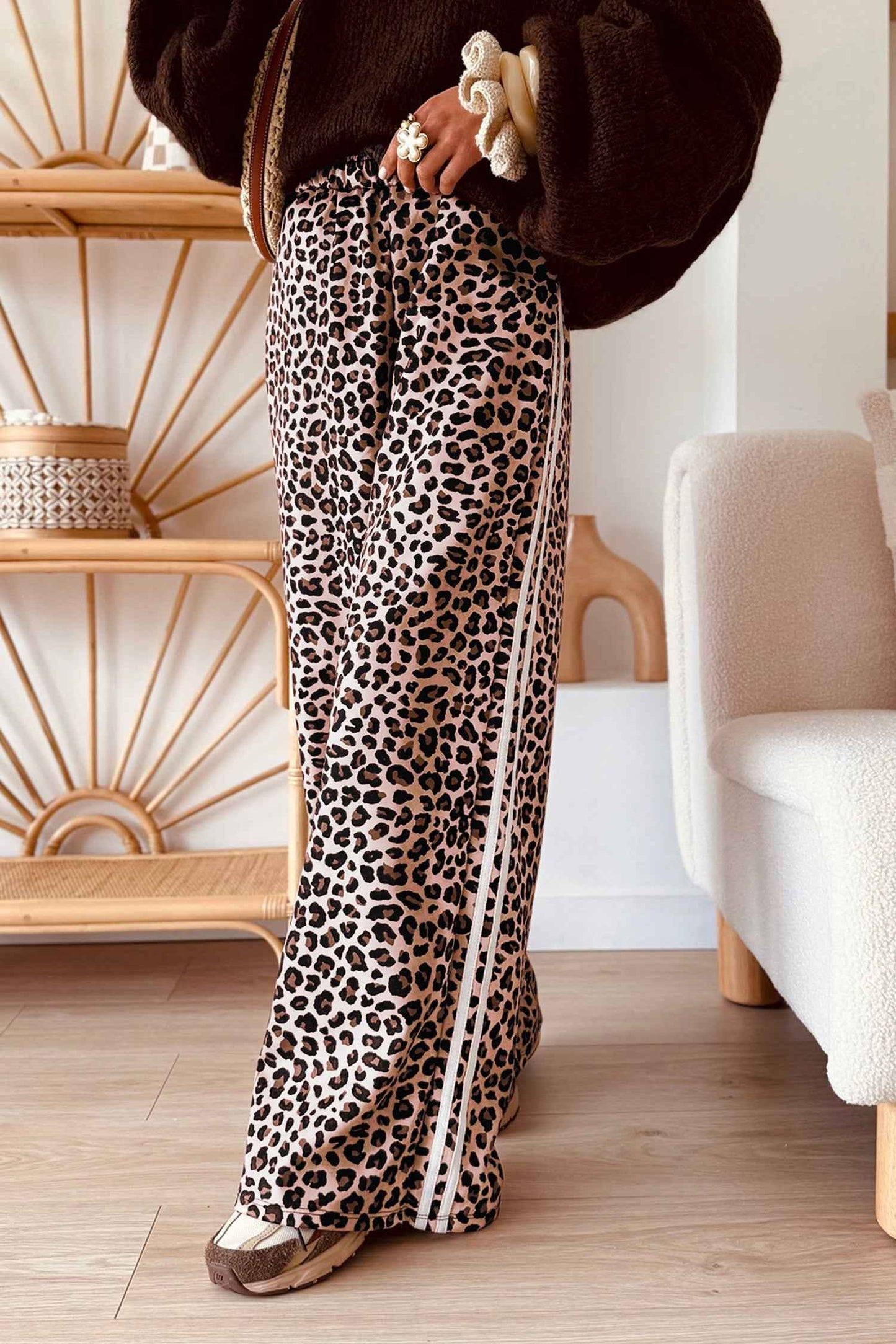 Beige Leopard Print Side Striped Detail Casual Wide Leg Pants