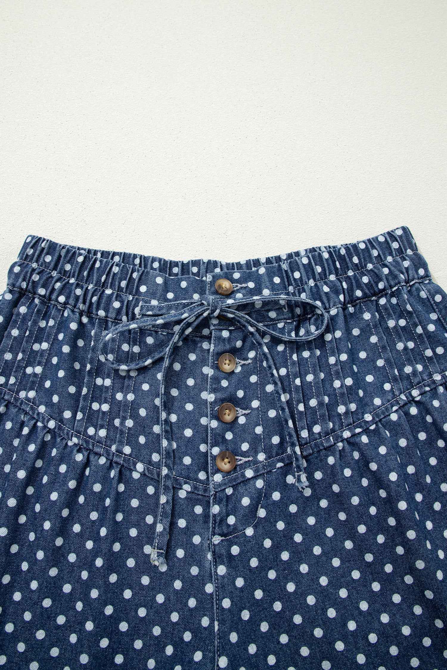 Sky Blue Polka Dot Print Button Pleated Detail Wide Leg Jeans