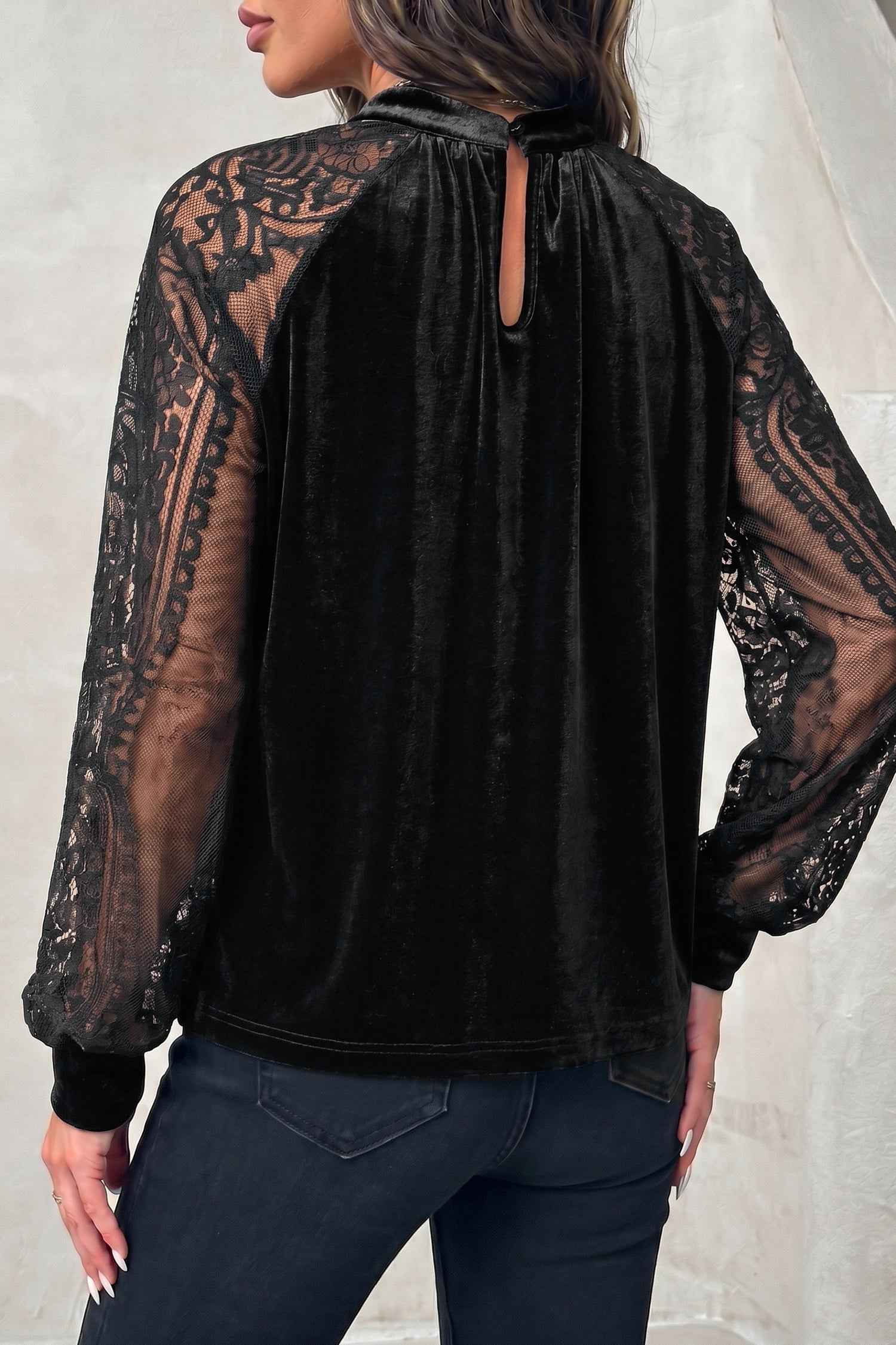 Color Black Solid Color Sheer Lace Long Sleeve Patchwork Stand Neck Velvet Blouse