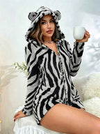 Cozy Leopard Plush Hooded Romper Sleepwear Chic