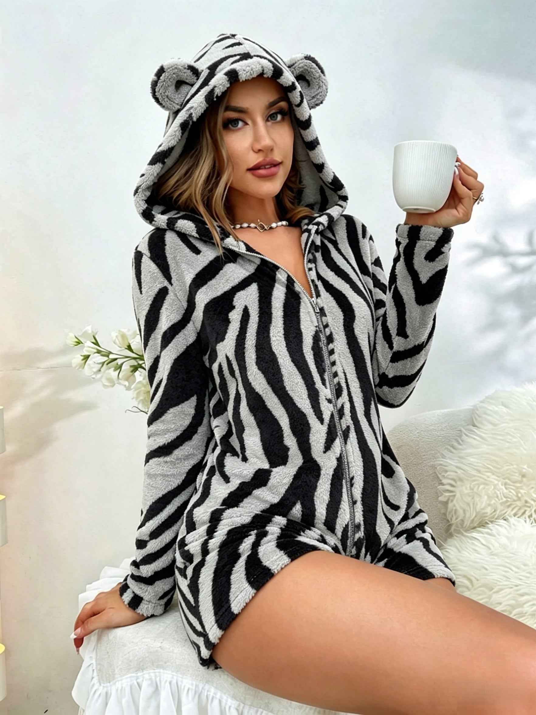 Cozy Leopard Plush Hooded Romper Sleepwear Chic