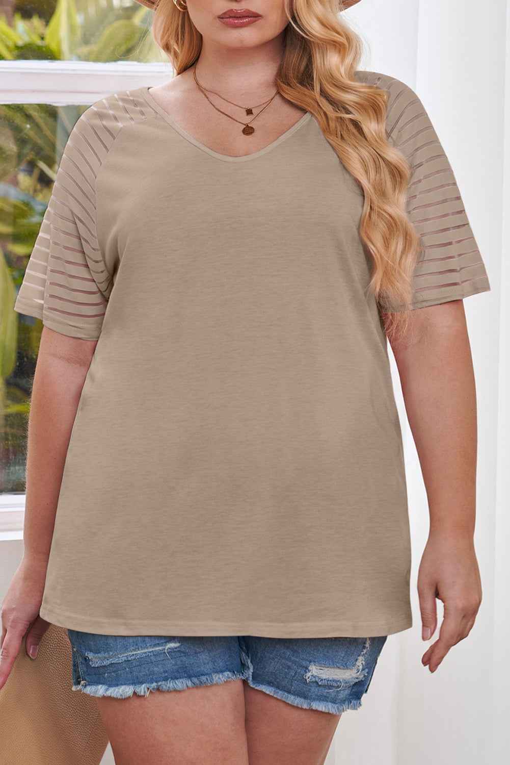 Khaki Striped Raglan Sleeve Plus Size Tee