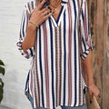 Color Block Striped Notch Collar 78 Sleeve Top