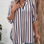 Color Block Striped Notch Collar 78 Sleeve Top