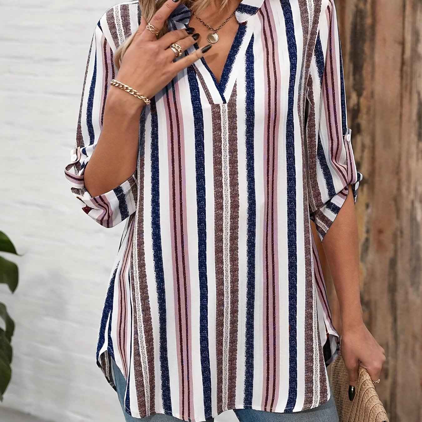 Color Block Striped Notch Collar 78 Sleeve Top