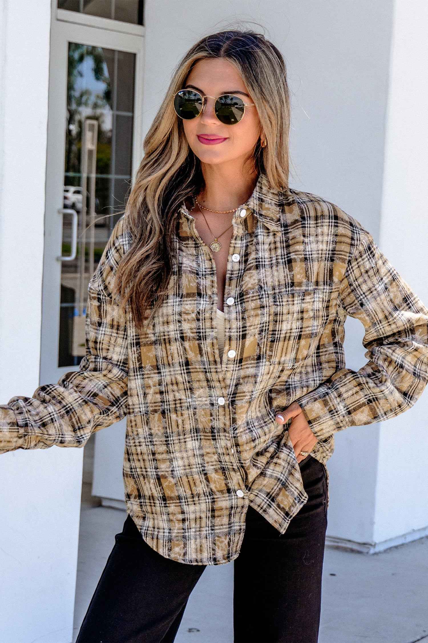 Brown Retro Plaid Long Sleeve Button Down Shirt