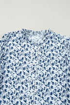 Blue Floral Print Lace Detail Puff Sleeve Shirt