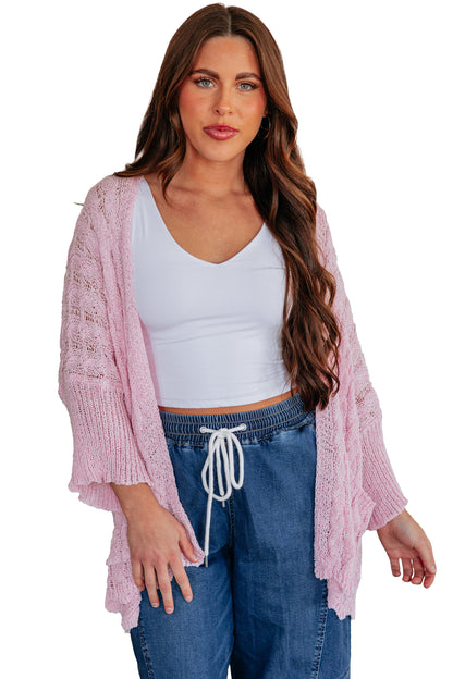 Old Rose Hollowed Pattern Knit Drop Shoulder Open Sweater Cardigan
