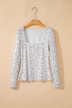 White Floral Print Slim Fit Square Neck Long Sleeve Top