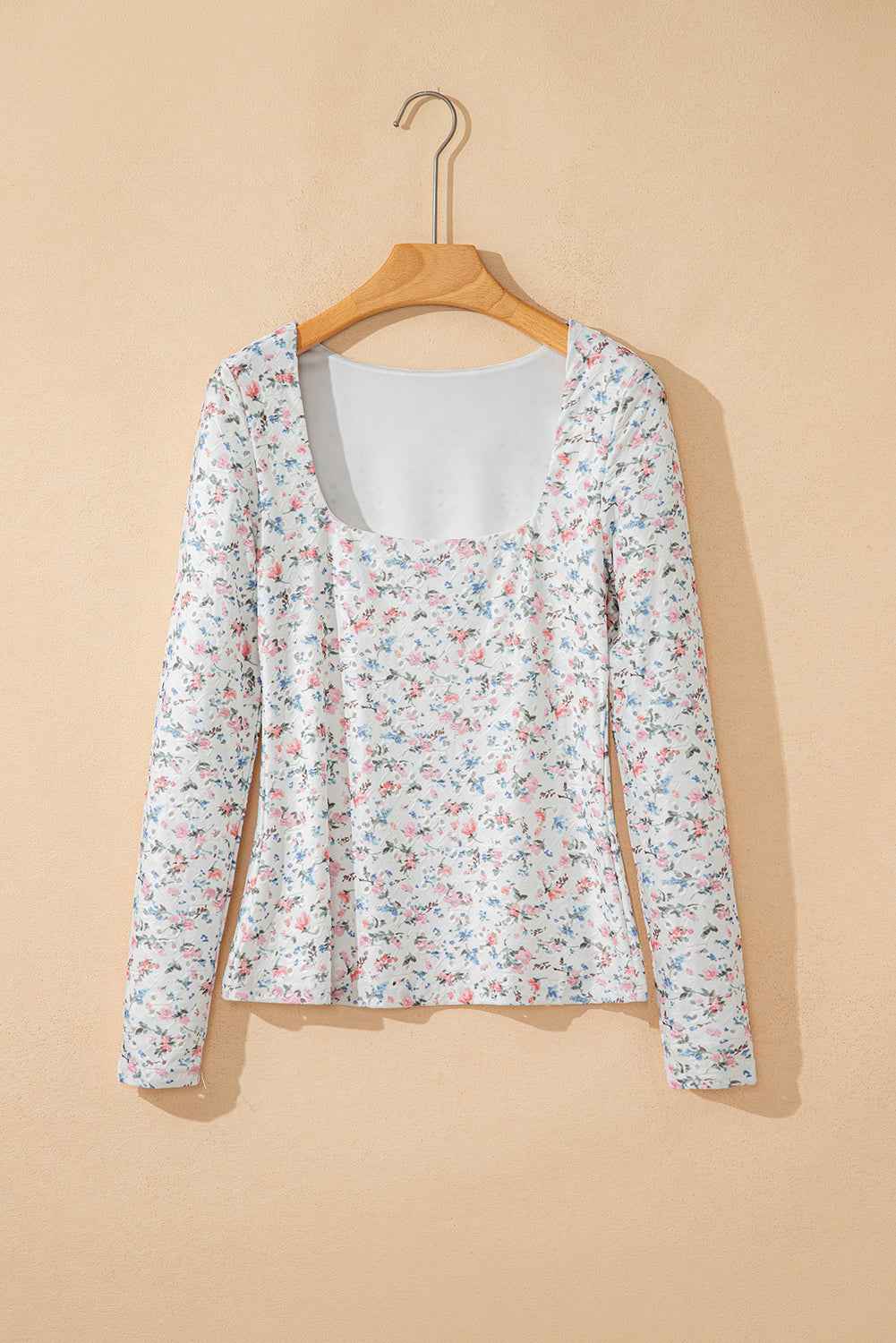 White Floral Print Slim Fit Square Neck Long Sleeve Top