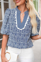 Blue Floral Striped Print Contrast Ricrac V Neck Puff Sleeve Blouse