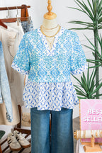 Sky Blue Boho Floral Geometric Patchwork Short Puff Sleeve Babydoll Blouse