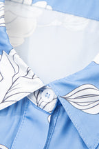 Sky Blue Floral Print Pleated Puff Sleeve Shirt