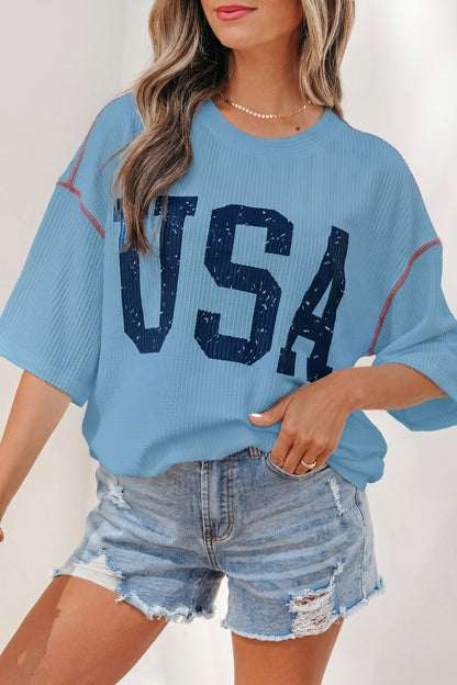 White USA Graphic Half Sleeve Loose Ribbed Top