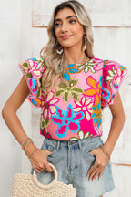Multicolor Floral Print Boho Top Tiered Ruffle Sleeve Blouse
