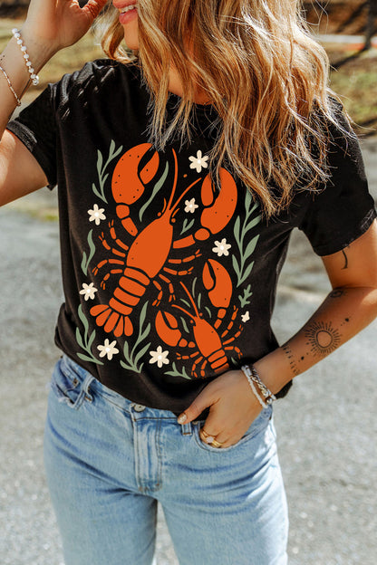 Black Western Lobster Print Loose Summer Tee