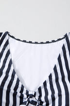 Black Stripe Plus Size Knot Cutout Ruffle Sleeve and High Waist Swimsuit Set
