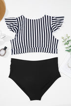 Black Stripe Plus Size Knot Cutout Ruffle Sleeve and High Waist Swimsuit Set