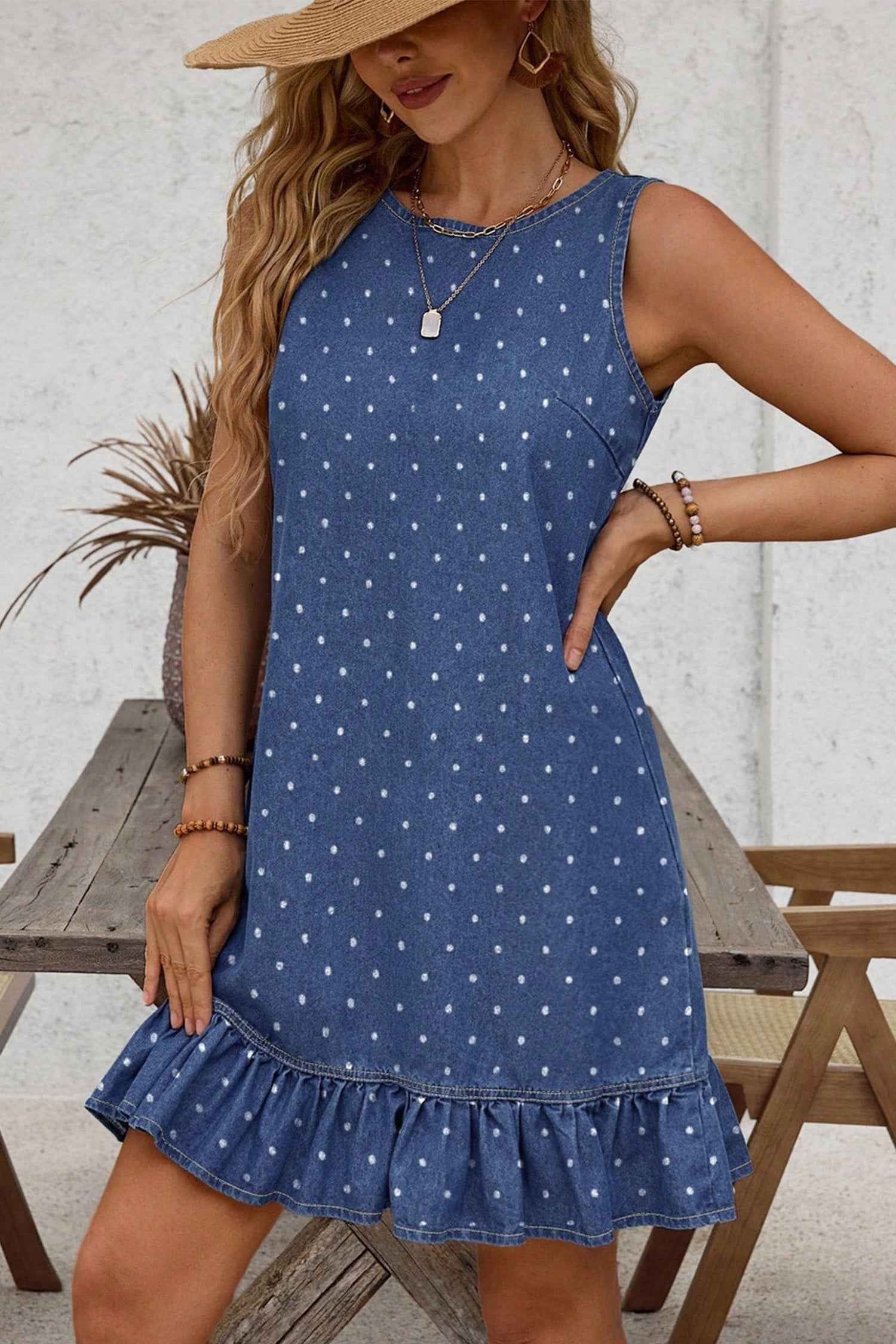 Blue Polka Dot Ruffle Hem Sleeveless Shift Dress Mini Vacation Wholesale