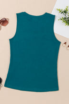Blue Sapphire Solid Color Stitching Detail Round Neck Tank Top